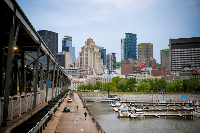 View of the port of Montreal outside the venue. Downtown Montreal is visible in the distance.